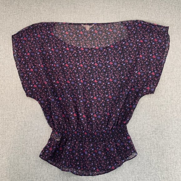 American Eagle Outfitters Purple Floral Blouse Cinched Waist Short Sleeve XS - Picture 9 of 11